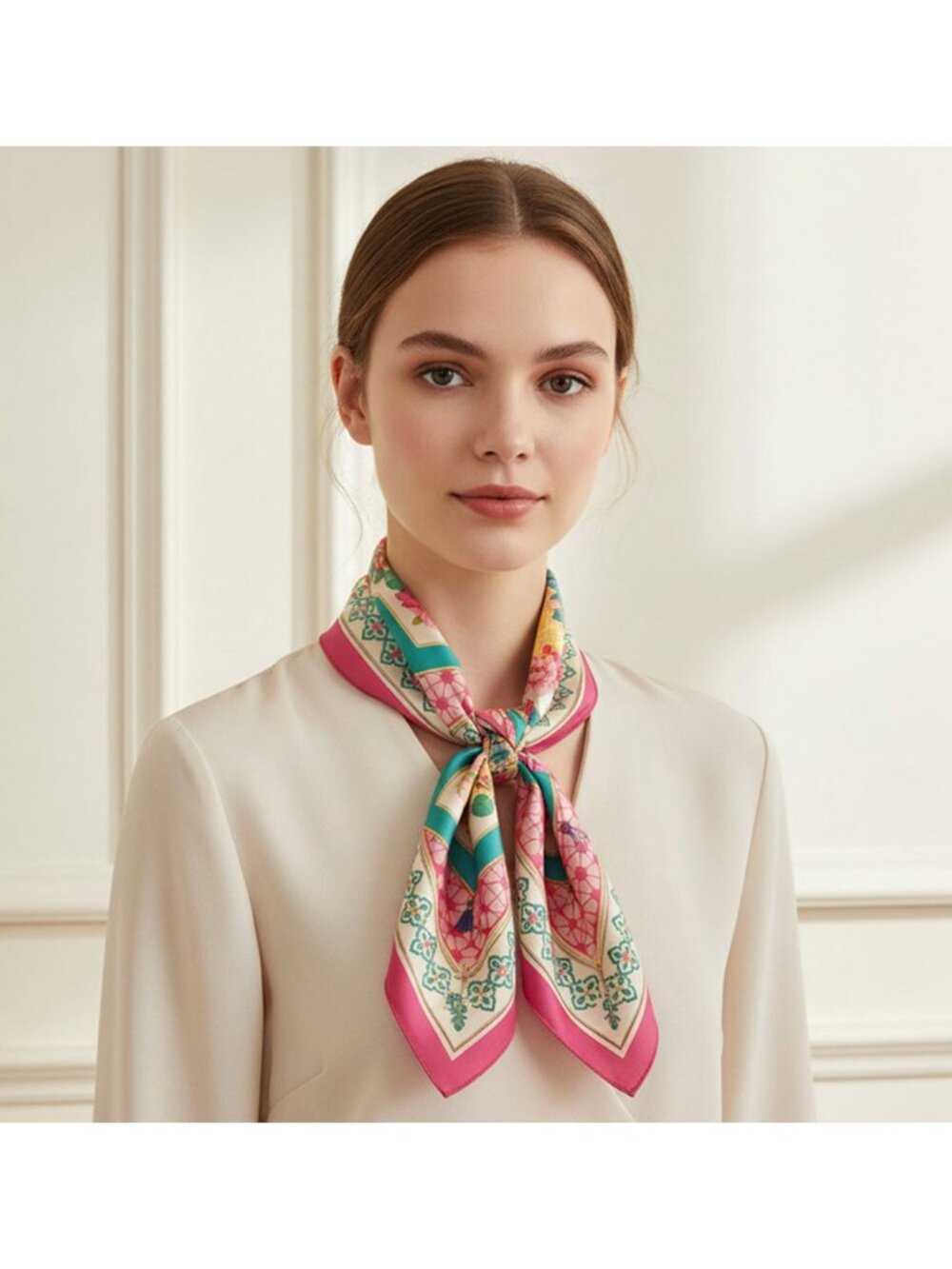 Tigerstars Pink Lotus Floral Tassel Print Square Bandana Scarf